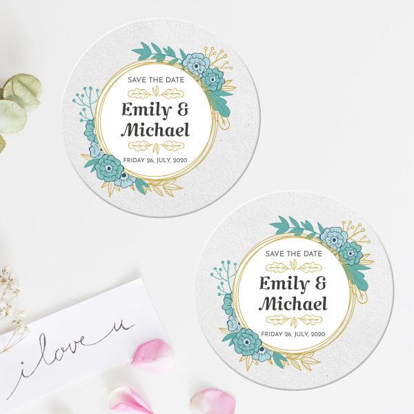 Custom Save The Date coaster for favour round