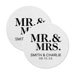 Mr and Mrs wedding coasters round